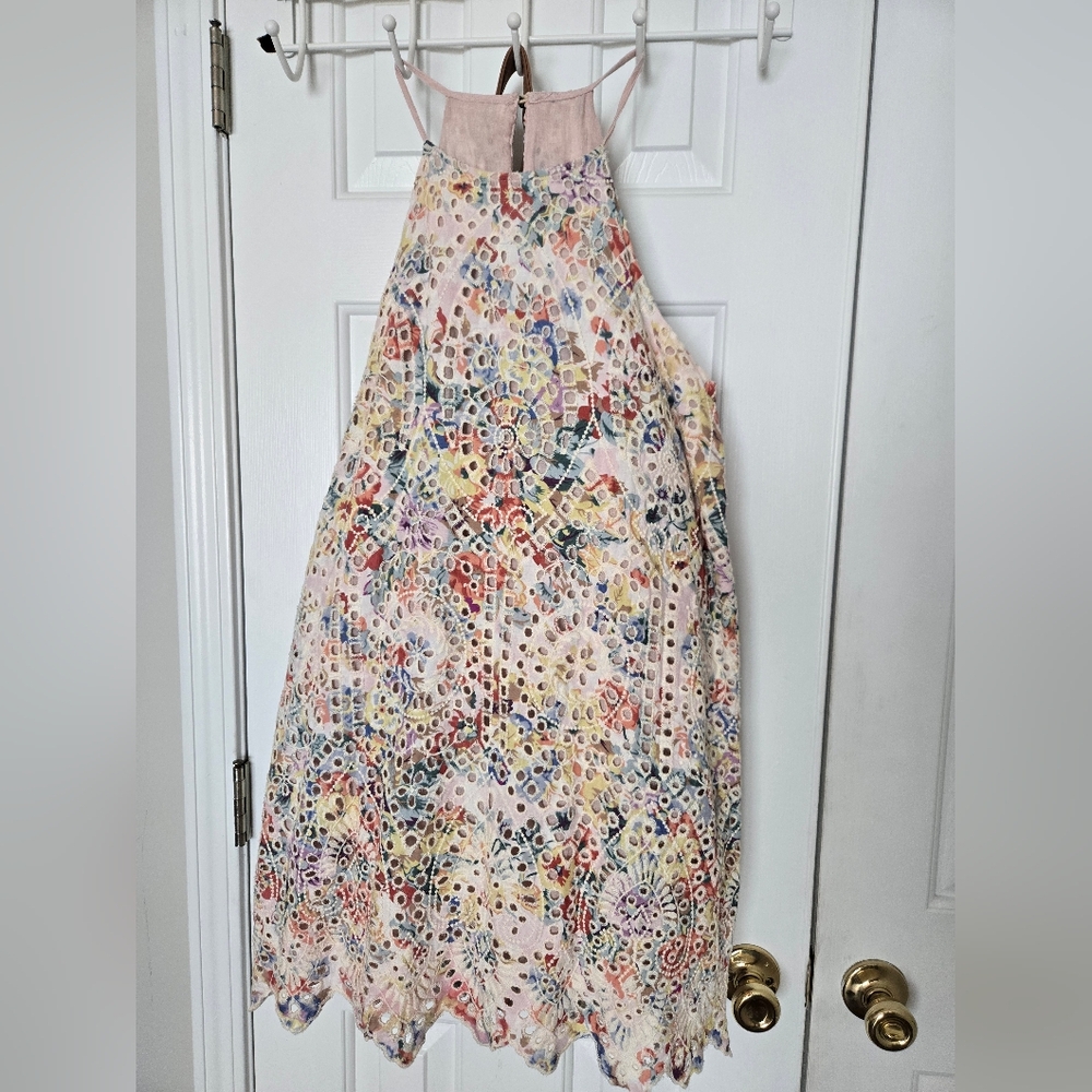 Lela Sky Floral Embroidered Eyelet Mini Dress Scallop Lined Key Hole Back Size S
